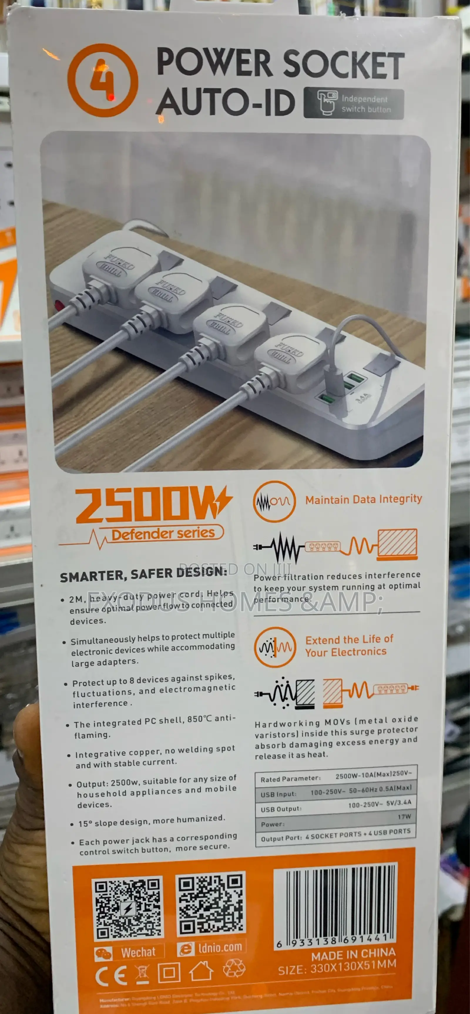 Ldnio 2500W Defender Series 4 Power Socket + 4 USB Port