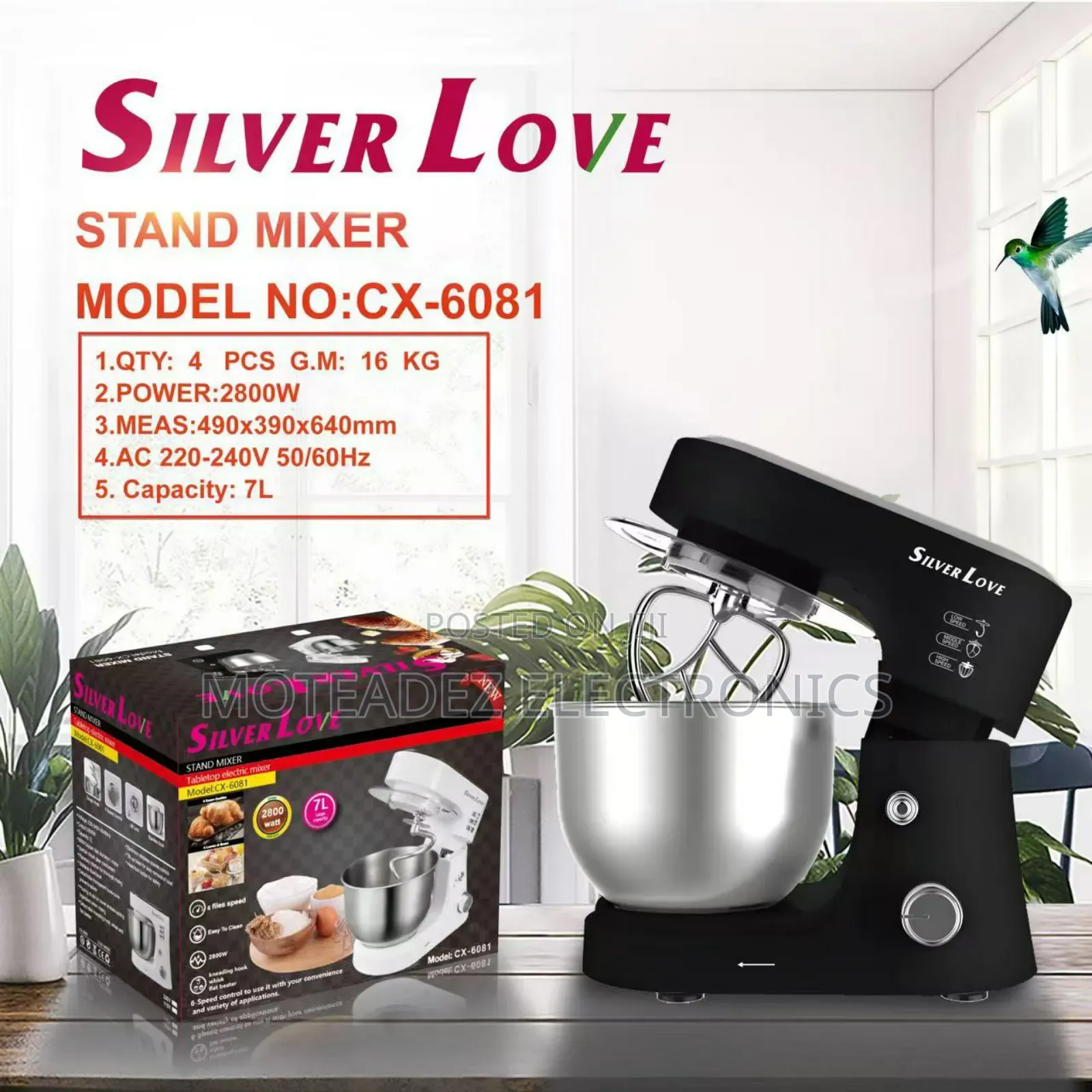 Silver Love 7l Industrial Stand Cake Mixer W/Rotating Bowl