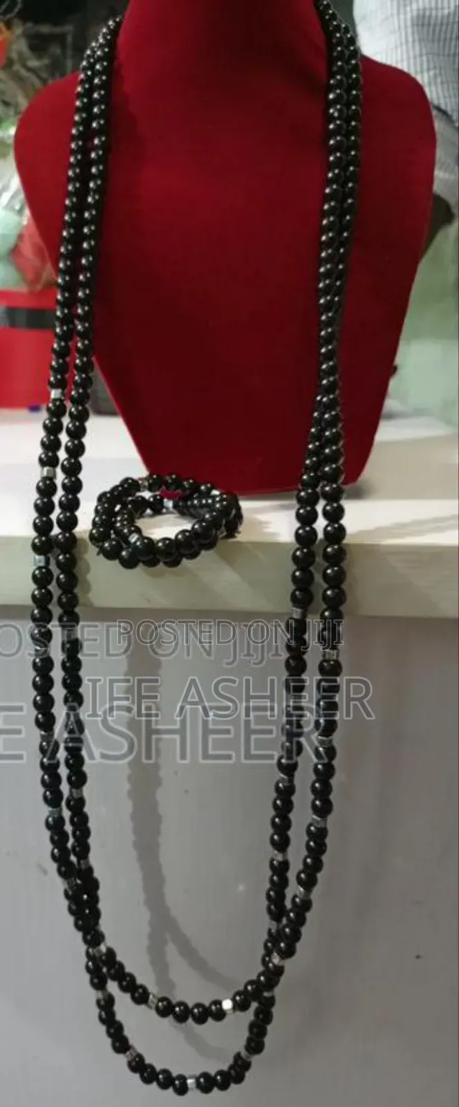 Navel Length 2 Layers,2 Bracelets Men Beads - Black & Silver