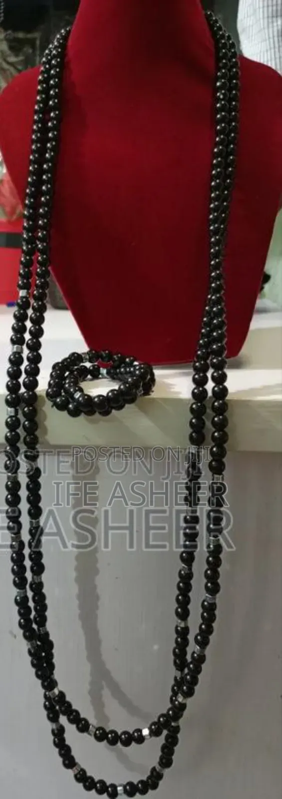 Navel Length 2 Layers,2 Bracelets Men Beads - Black & Silver