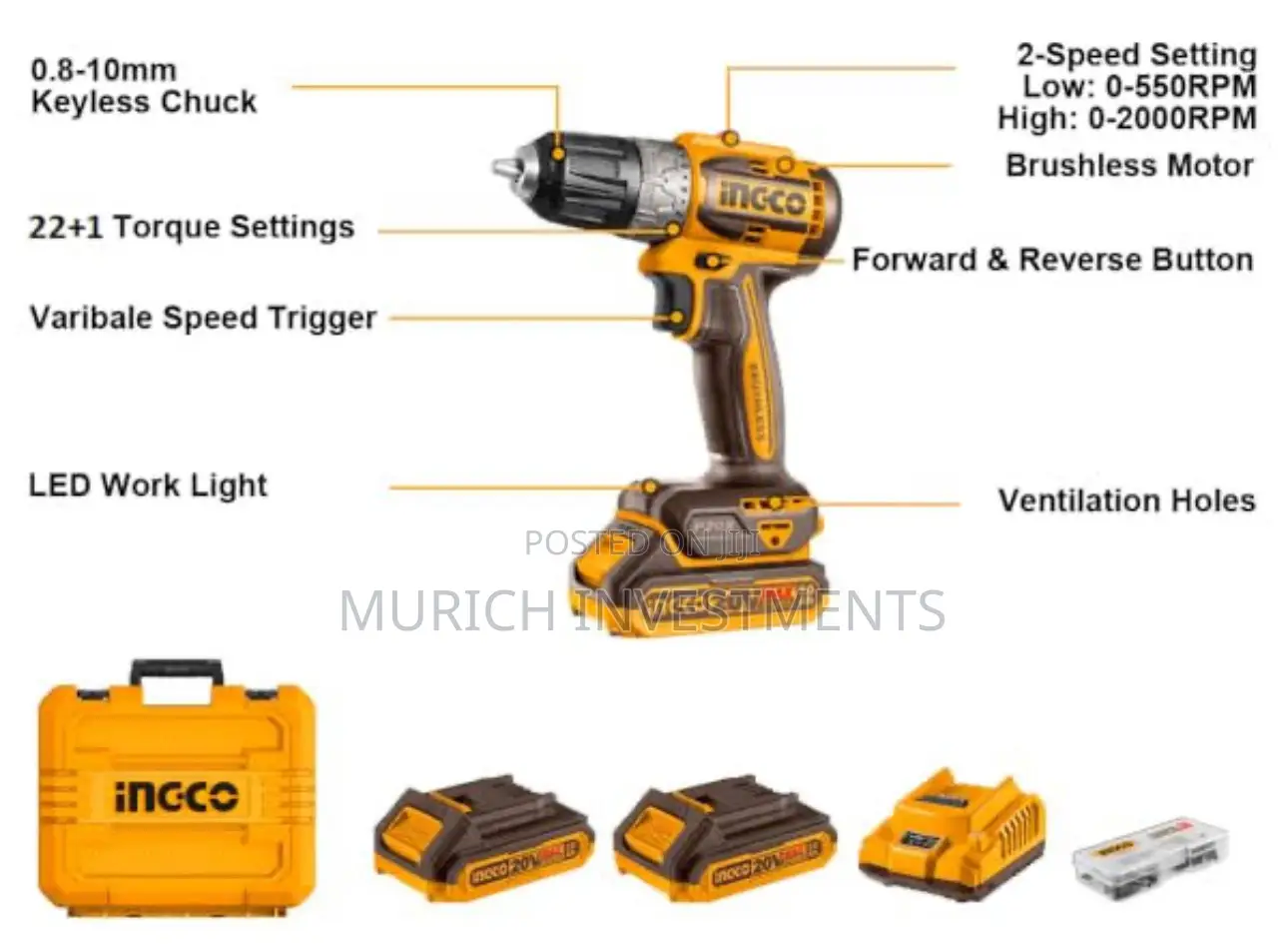 Ingco Lithium-Ion 20V Brushless Cordless Drill 52nm