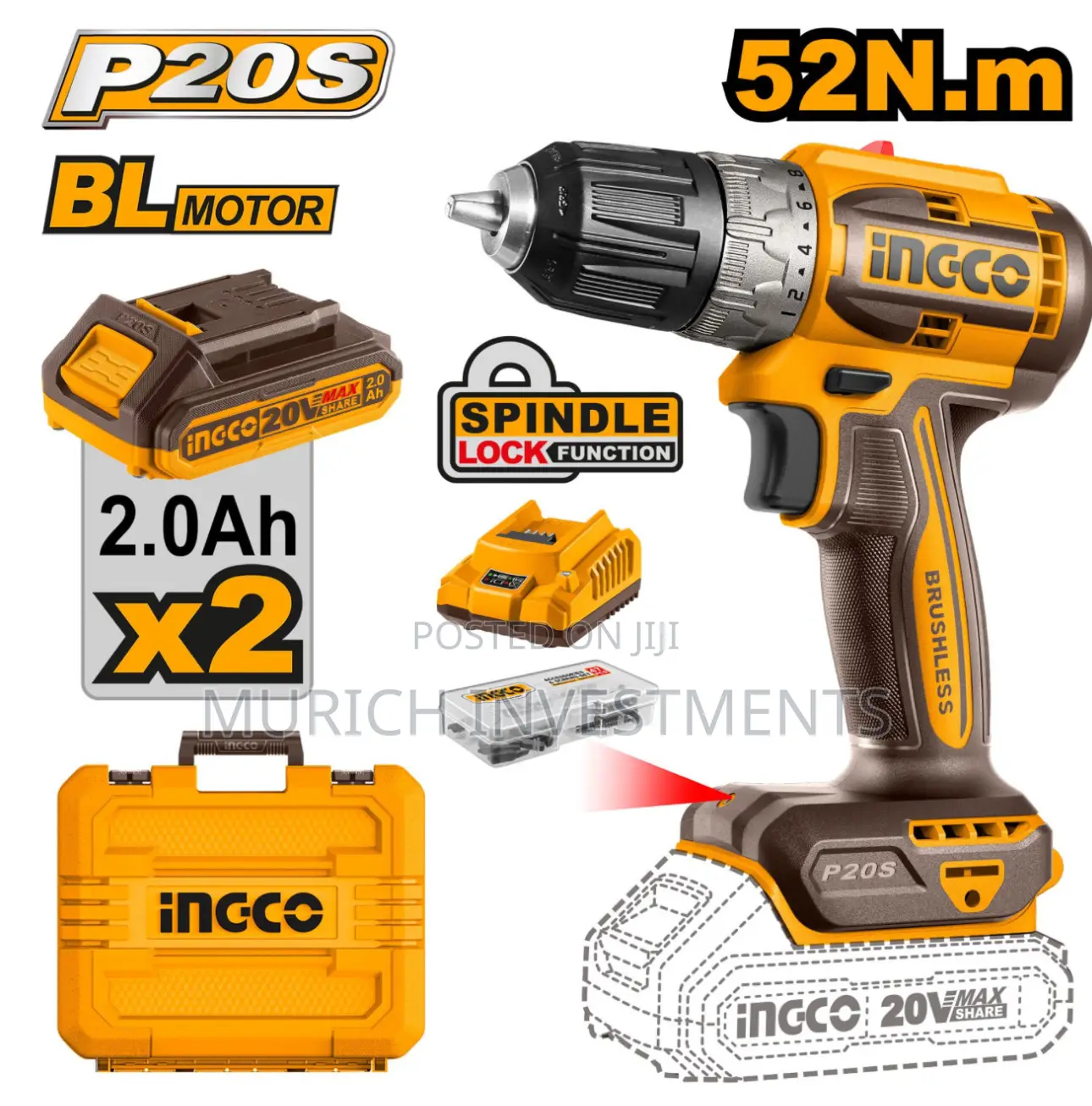 Ingco Lithium-Ion 20V Brushless Cordless Drill 52nm