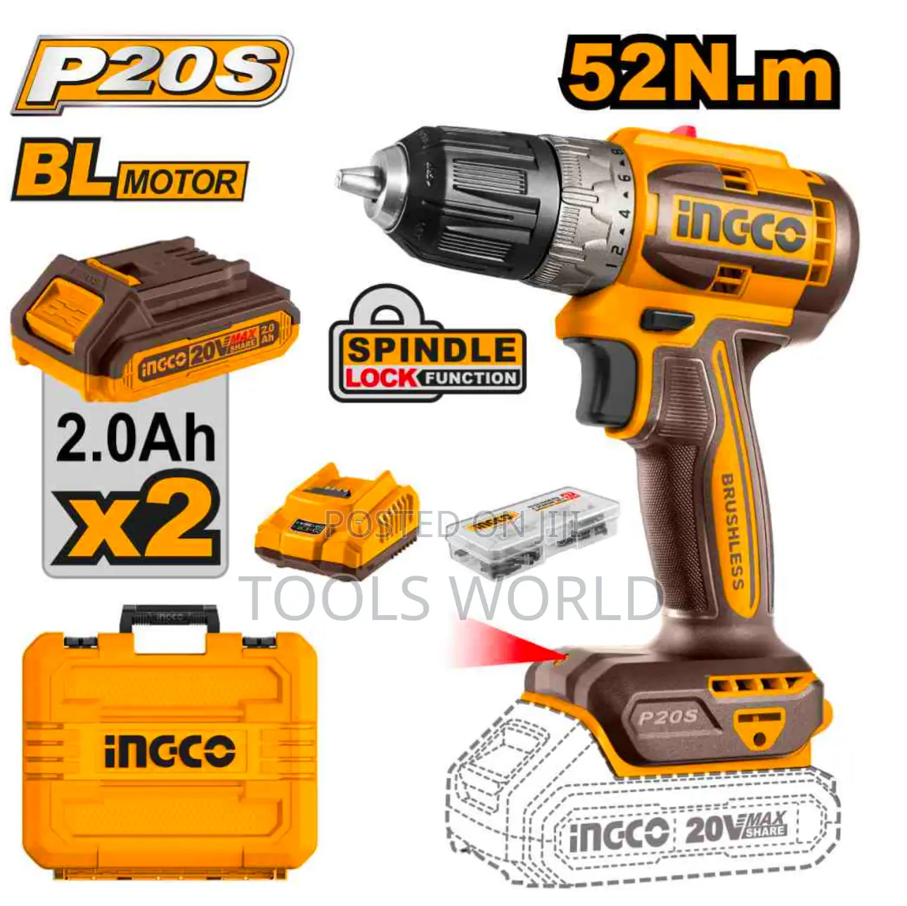 Ingco Brushless Cordless Drill Rechargeable 20V