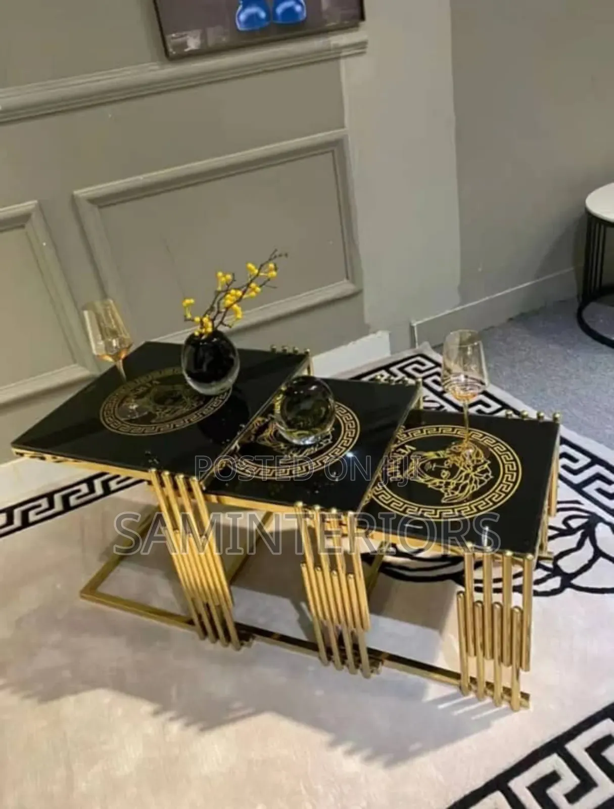 Modern Next of Stools With Gold Frame Tempered Glass
