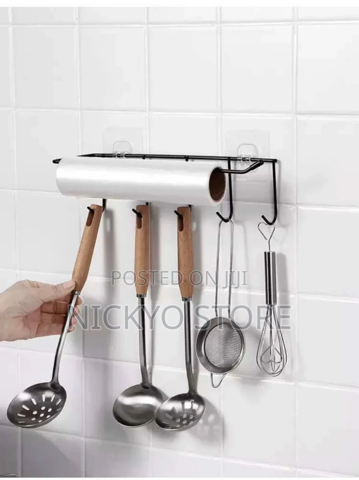 Wall-Mounted Kitchen Roll and Utensil Rack