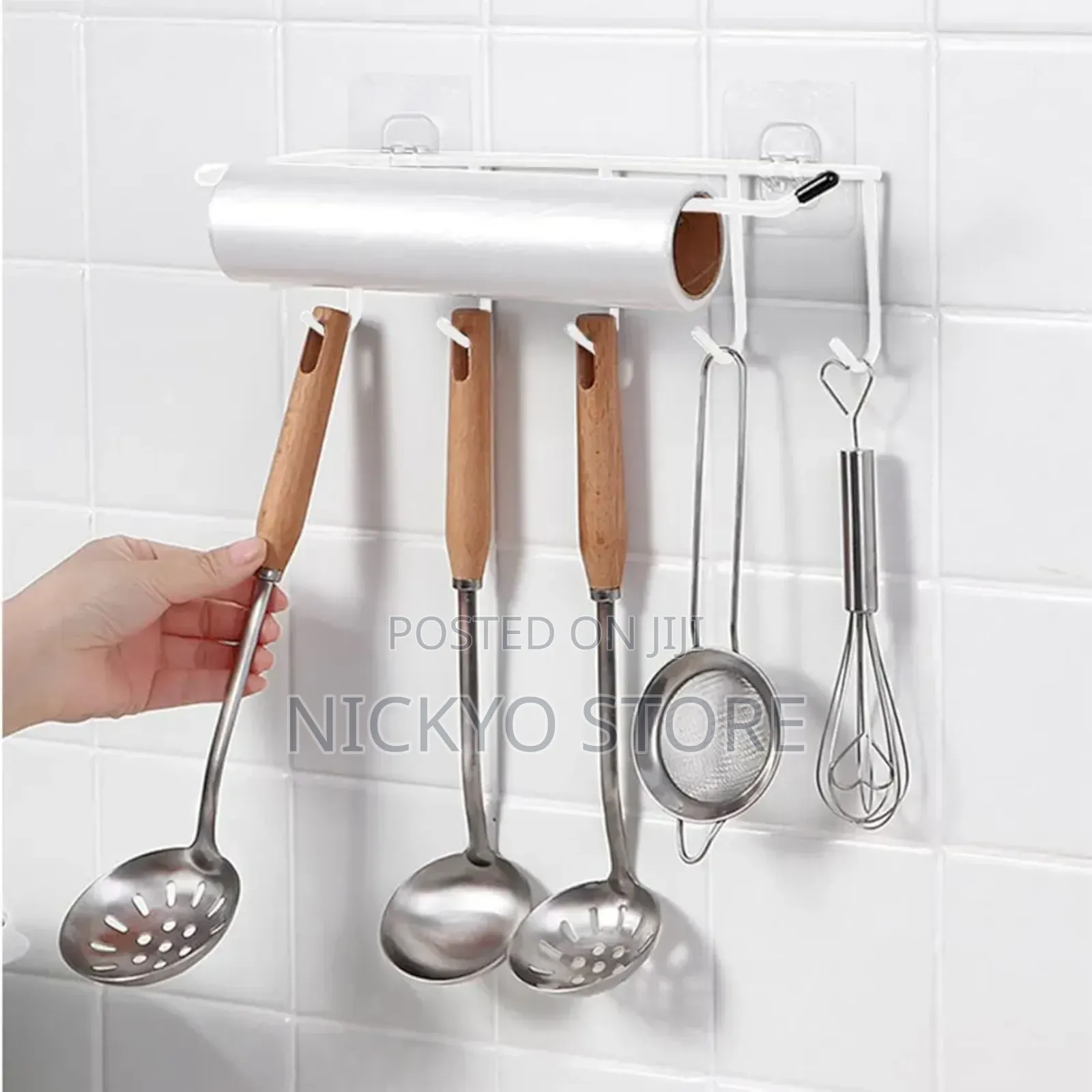 Wall-Mounted Kitchen Roll and Utensil Rack
