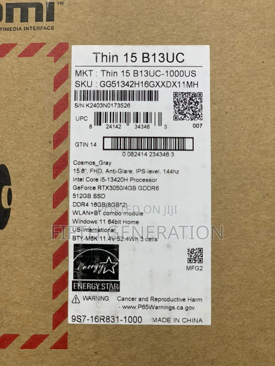 New Laptop MSI GF65 Thin 10UE 16GB Intel Core i5 SSD 512GB