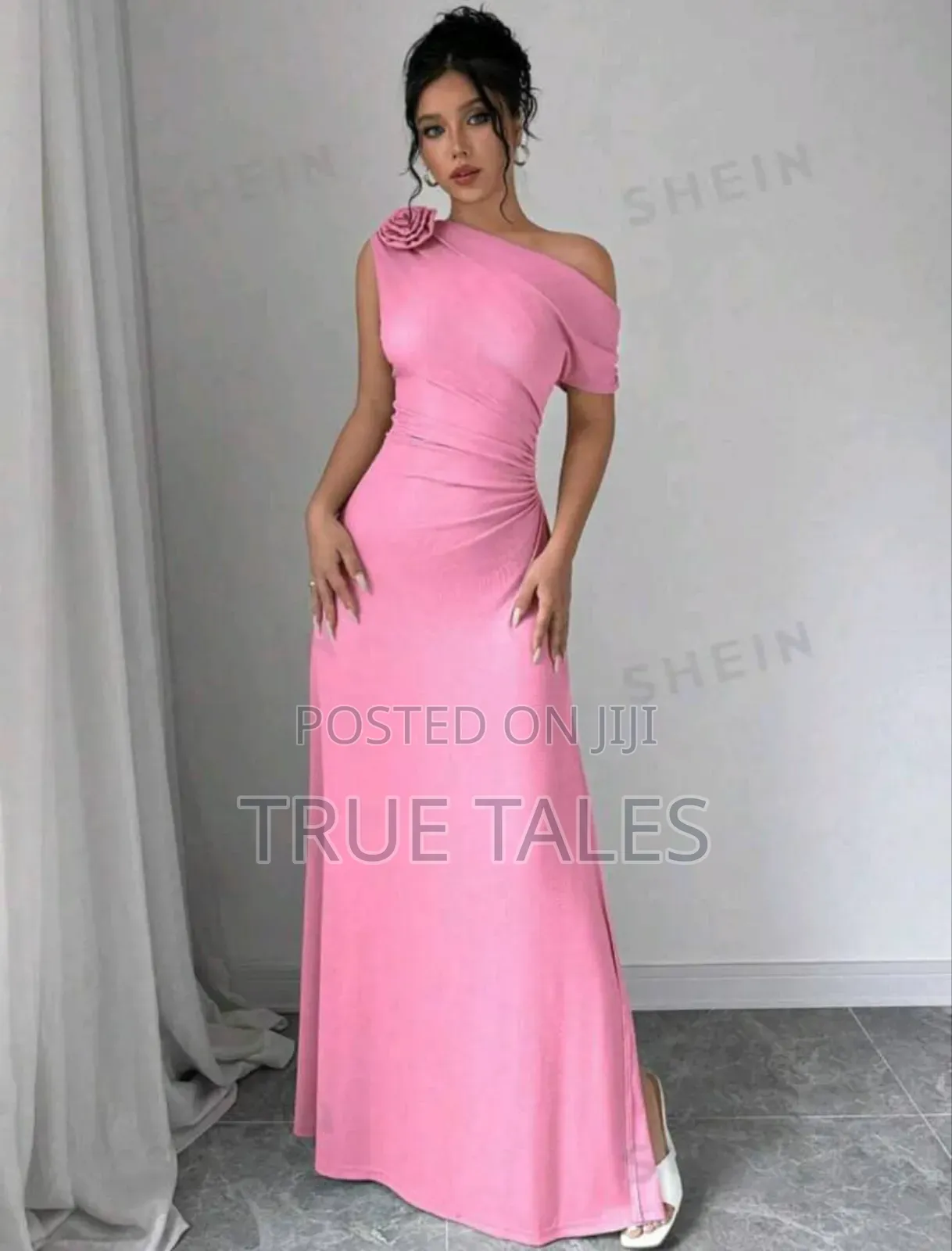 Pink Off Shoulder Rose Embellished Long Dress With Slit