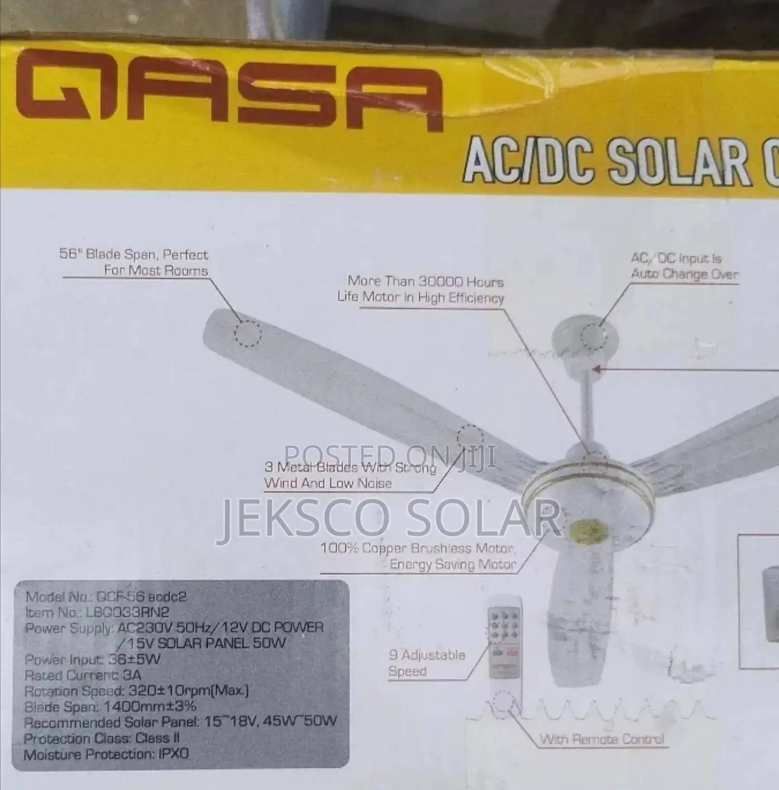 Qasa AC/DC Solar Ceiling Fan, 56 Inches.