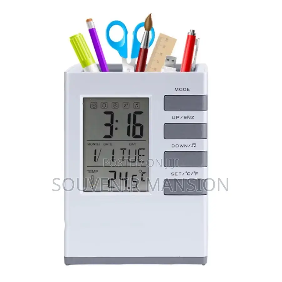 Cube Desk Digital Pen Holder With Alarm Clock