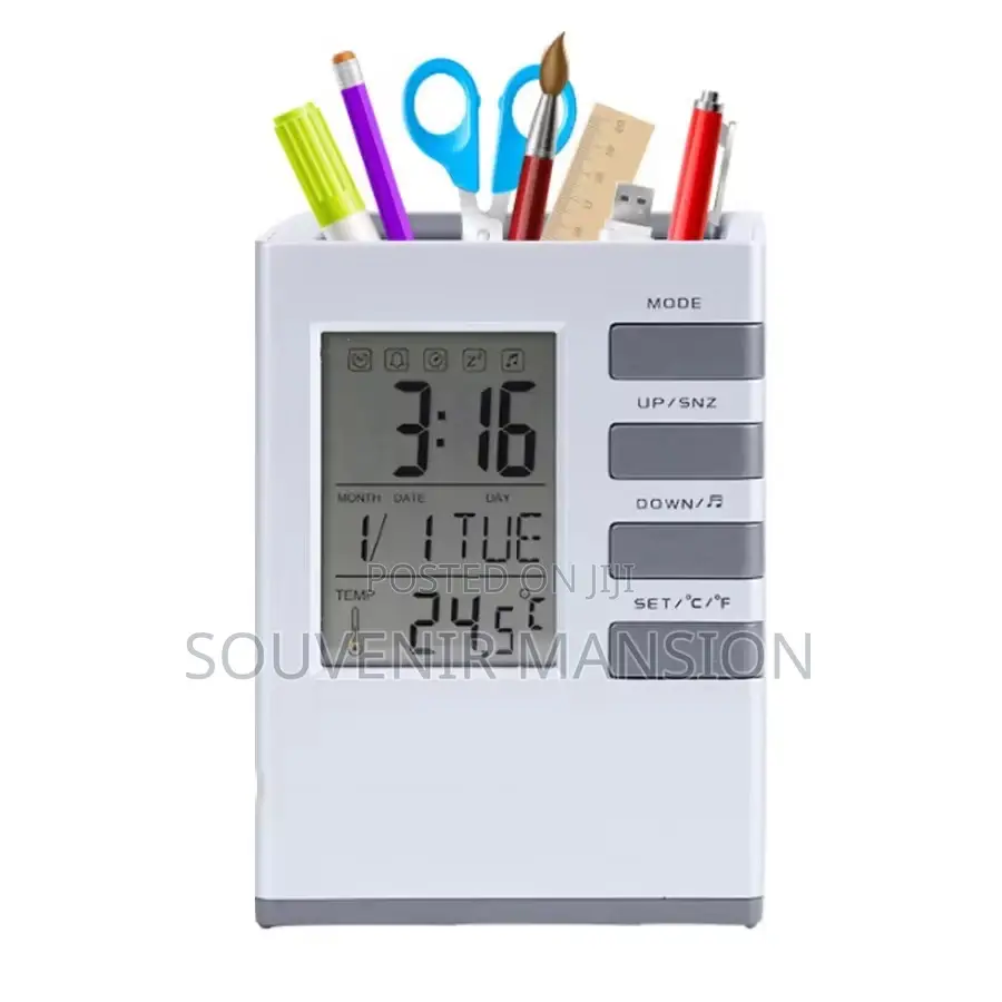 Cube Desk Digital Pen Holder With Alarm Clock