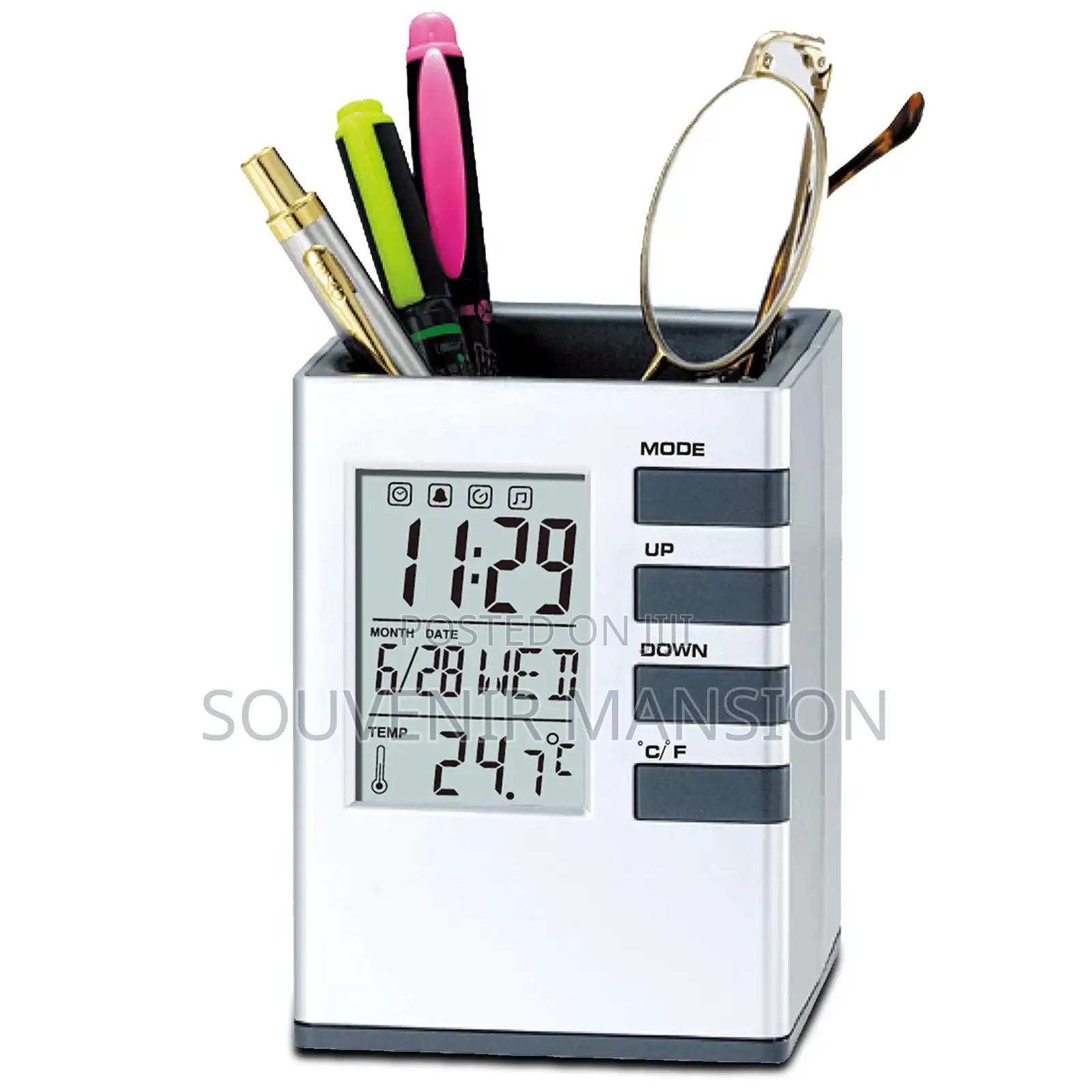 Cube Desk Digital Pen Holder With Alarm Clock