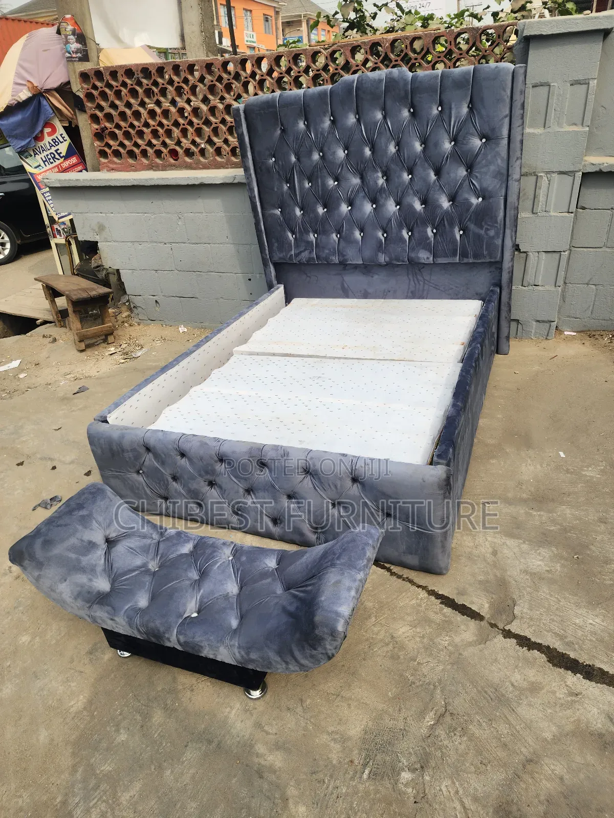 4.5by6 Grey Colour Bed Frame With Its Footrest.