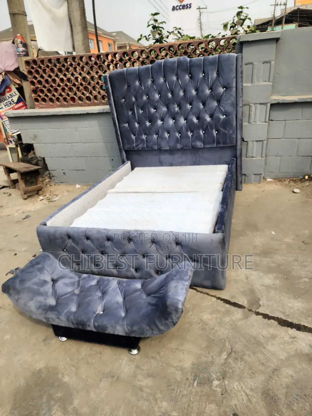 Grey Padded Bed Frame With Footrest