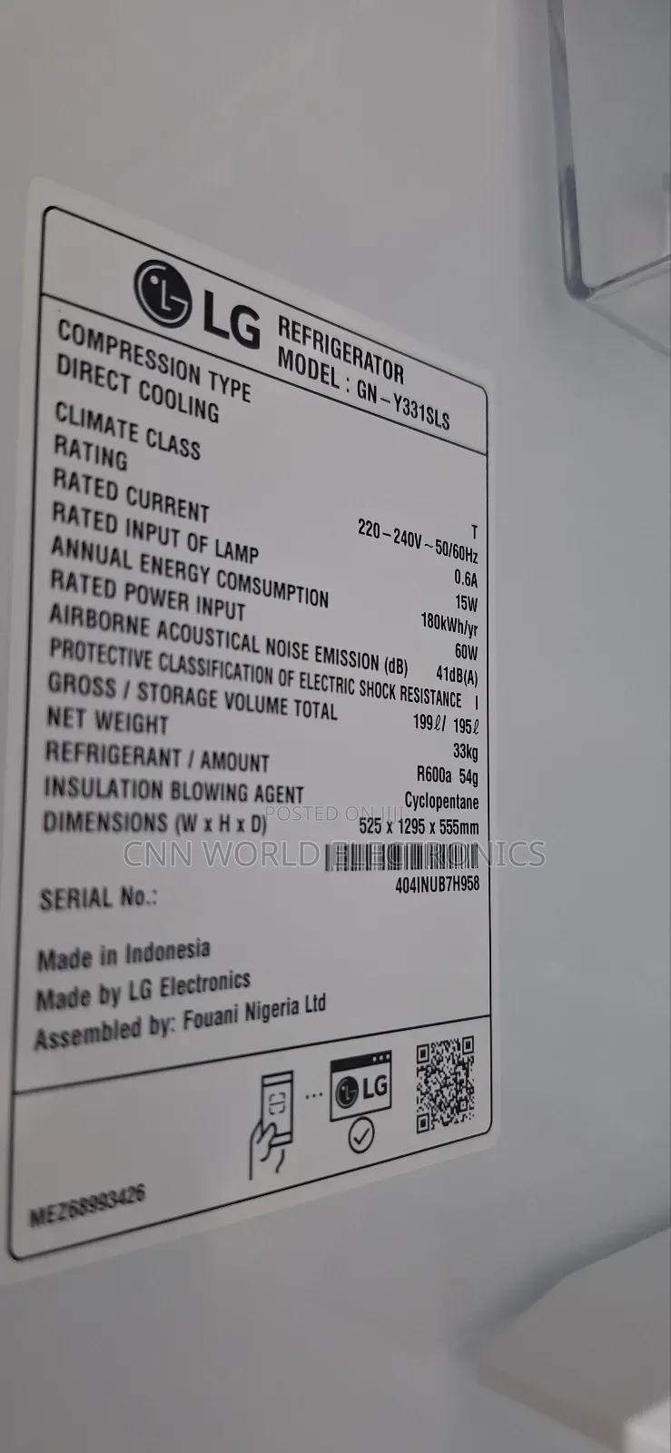 New LG Smart Inverter Single Door Fridge (60W) Key 2years