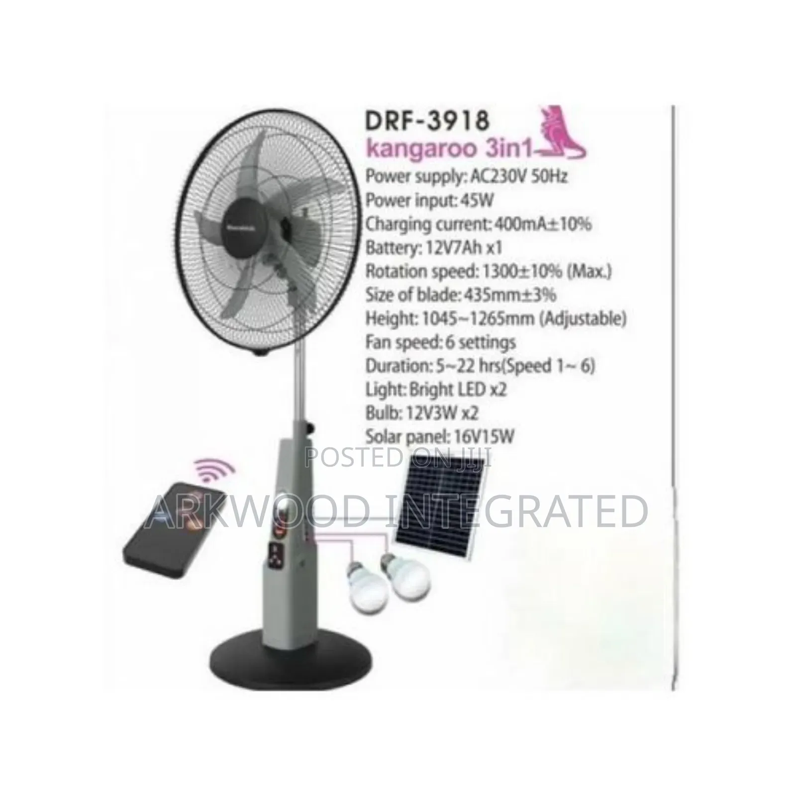 18inches Duravolt Rechargeable Standing Fan With Solar Panel