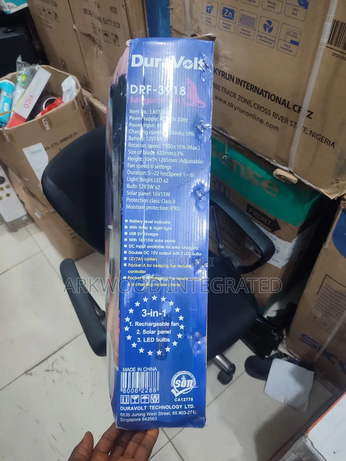 18inches Duravolt Rechargeable Standing Fan With Solar Panel