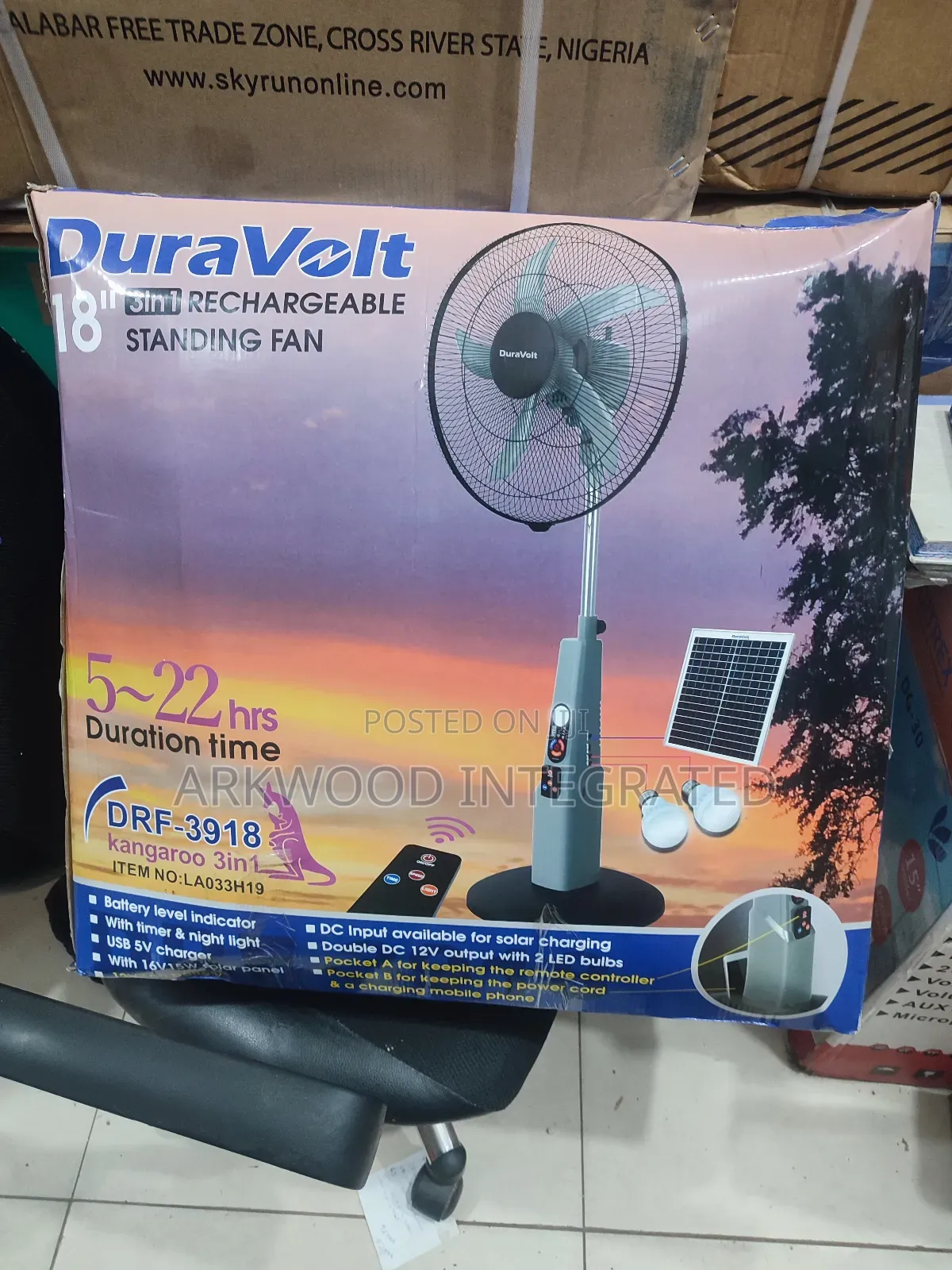18inches Duravolt Rechargeable Standing Fan With Solar Panel