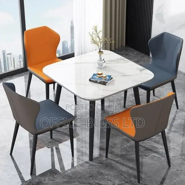 Marble Square Dinning Table Multi-Colored Chairs