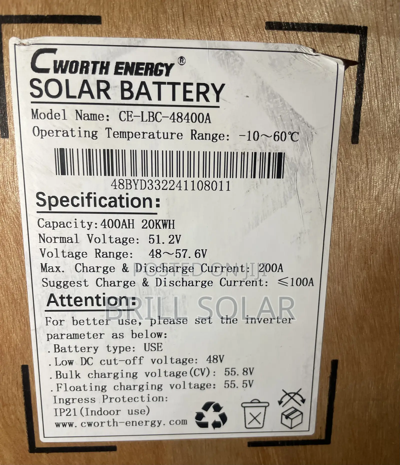 20kwh-51.2v Cworth Energy Solar Lithium Battery (Lbc-48400)
