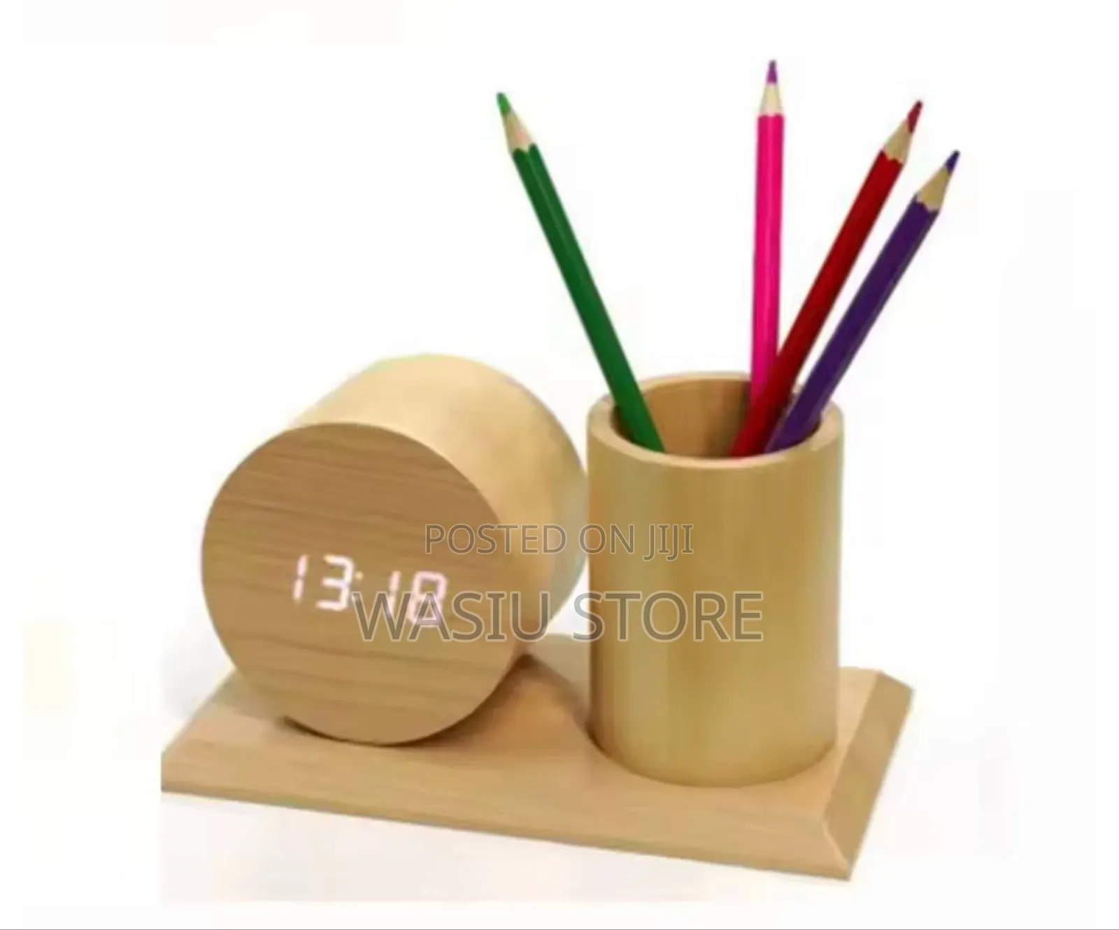 Wooden Digital Clock and Pen Holder (Round Shape)