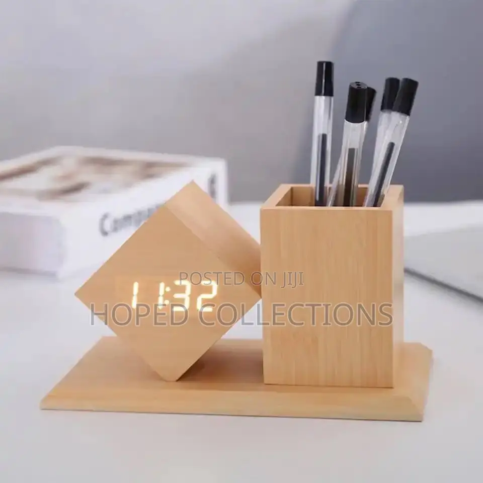 Alarm Clock With Wooden Pen Holder