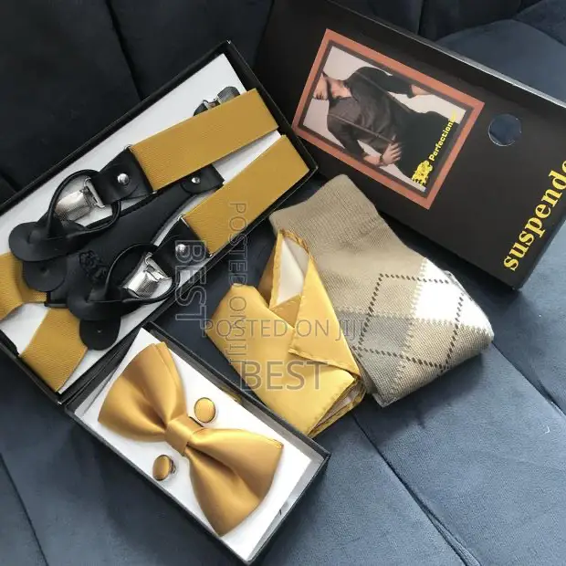 Gold Combo Suspenders With Neck Ties Pocket Square Socks