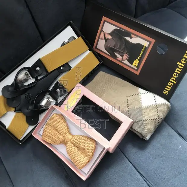 Gold Combo Suspenders With Neck Ties Pocket Square Socks