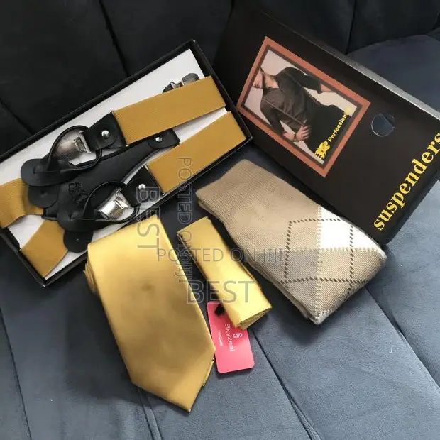 Gold Combo Suspenders With Neck Ties Pocket Square Socks