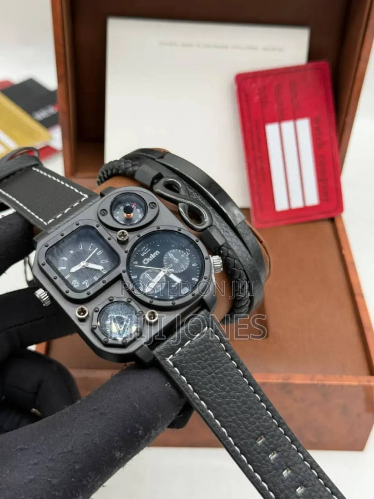 Oulm Triple Time Leather Watch
