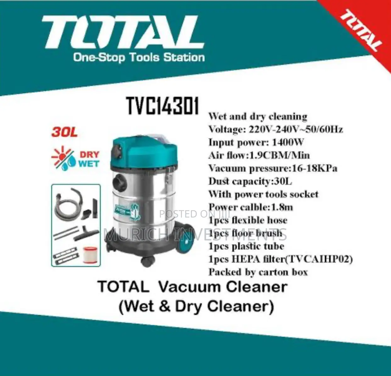 Total Vacuum Cleaner Wet Dry 1400w - Tvc14301 Industrial