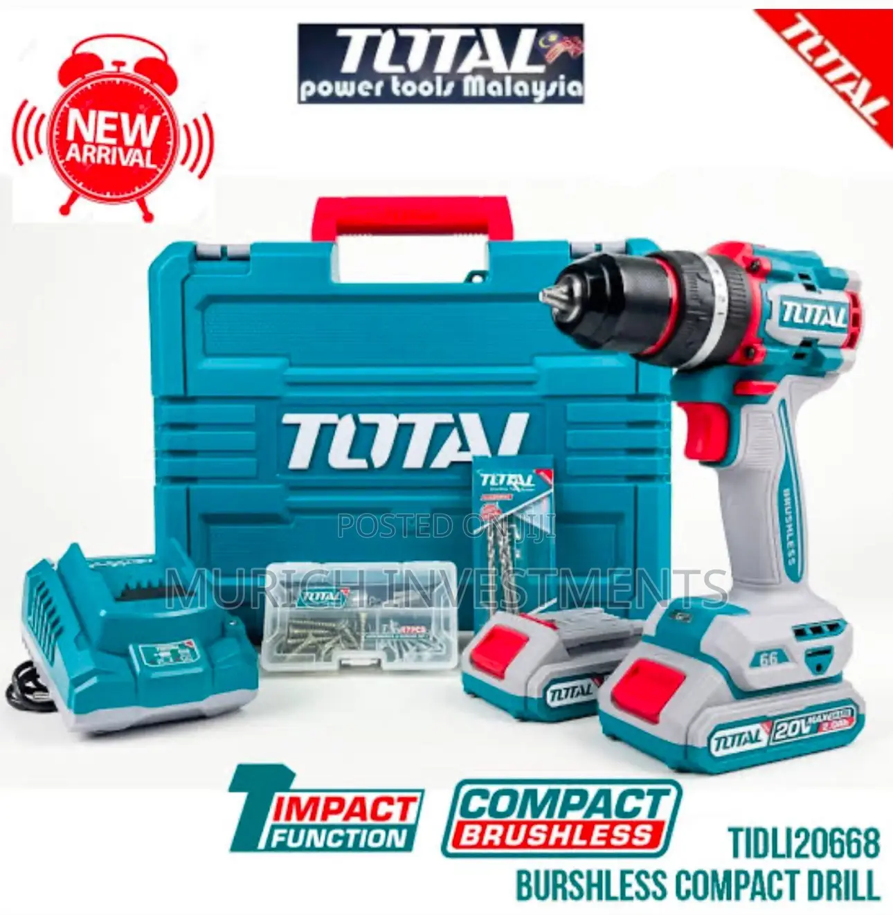 TOTAL Li-Ion Compact Brushless Impact Drill 55nm Metal Chuck