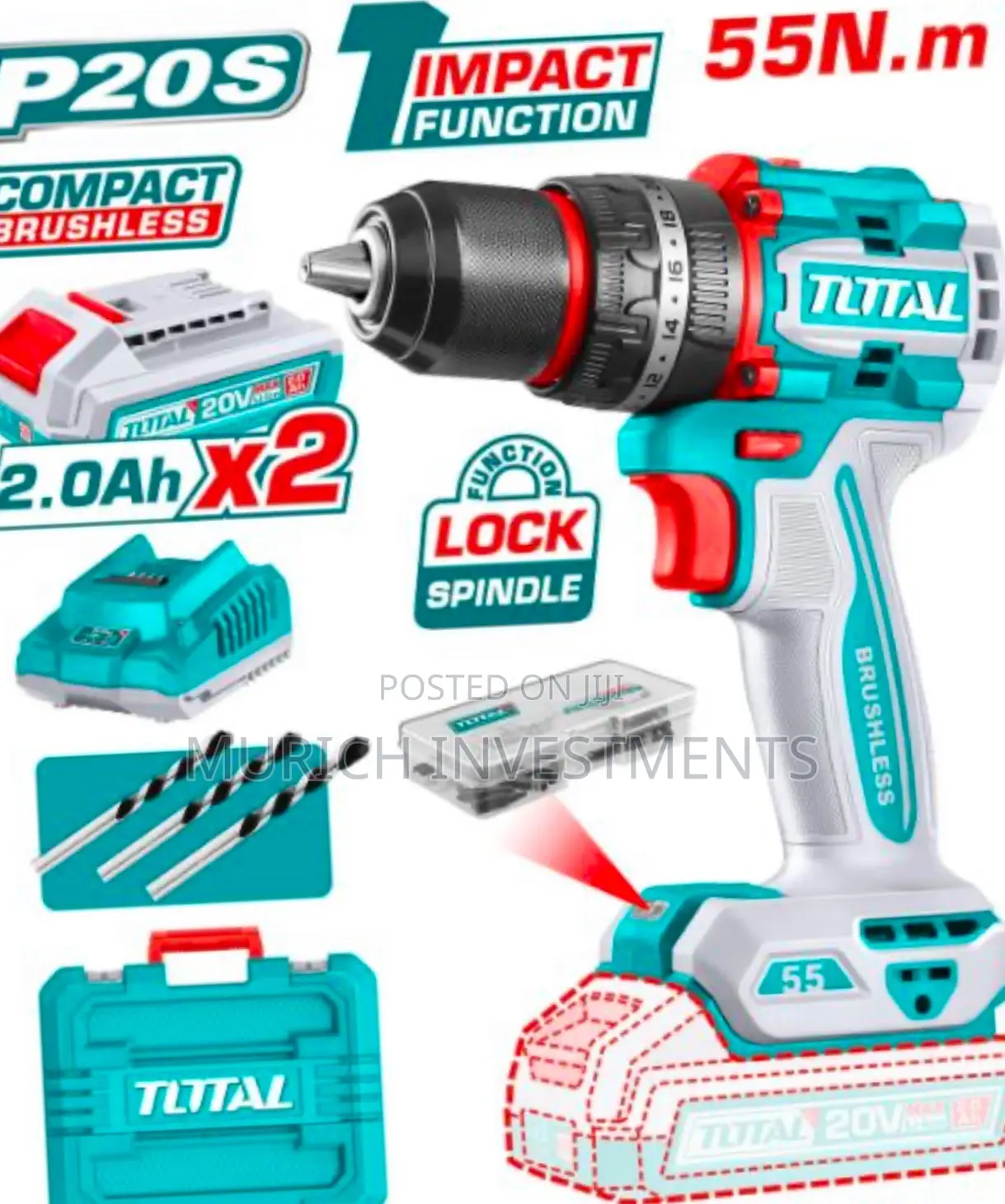 TOTAL Li-Ion Compact Brushless Impact Drill 55nm Metal Chuck