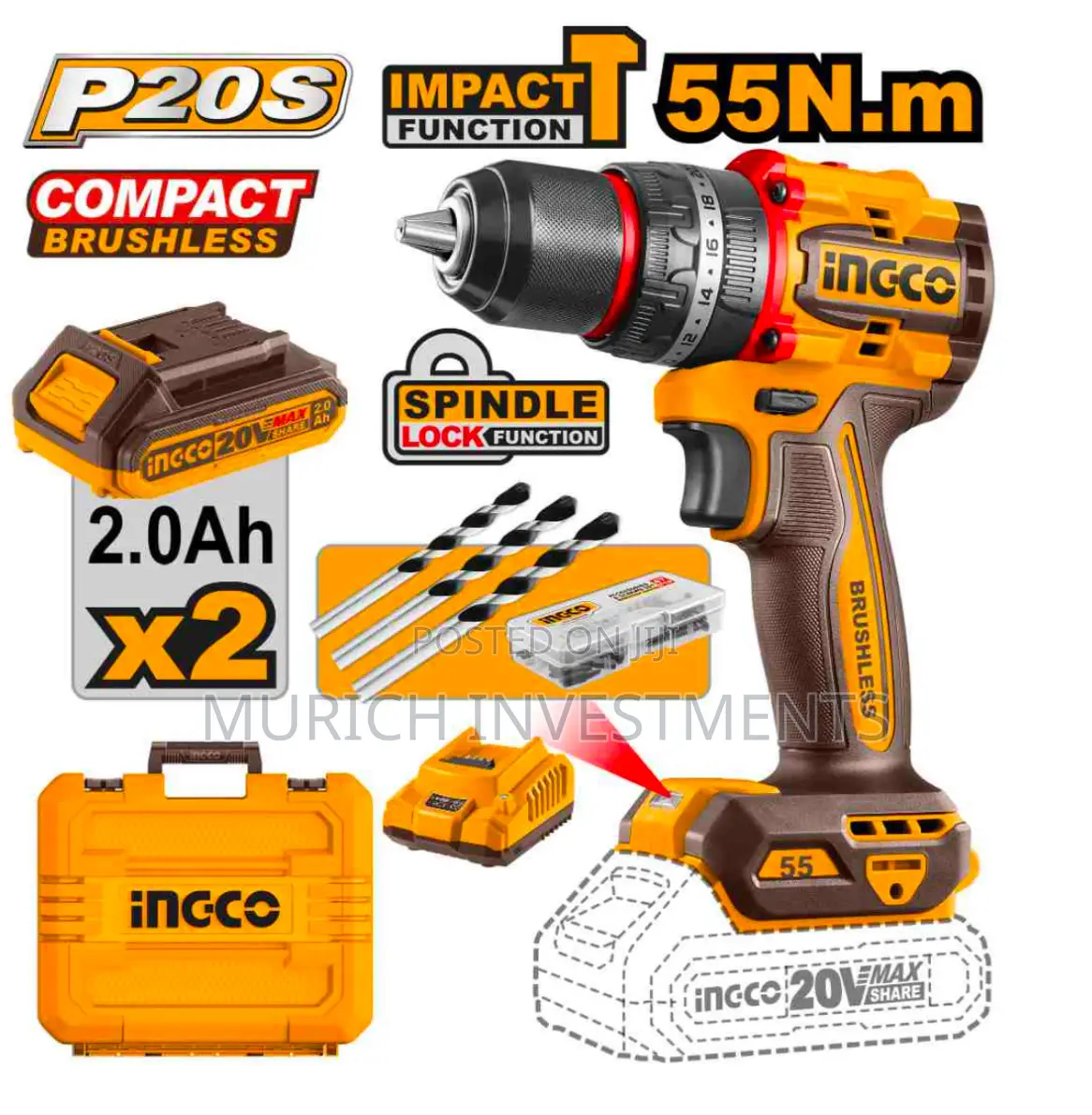 INGCO 20V Brushless Impact Drill With 2pcs Battery 55nm