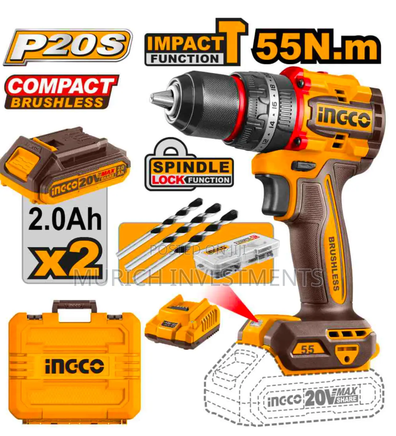 INGCO Compact Brushless Cordless Impact Drill CIDLI20558