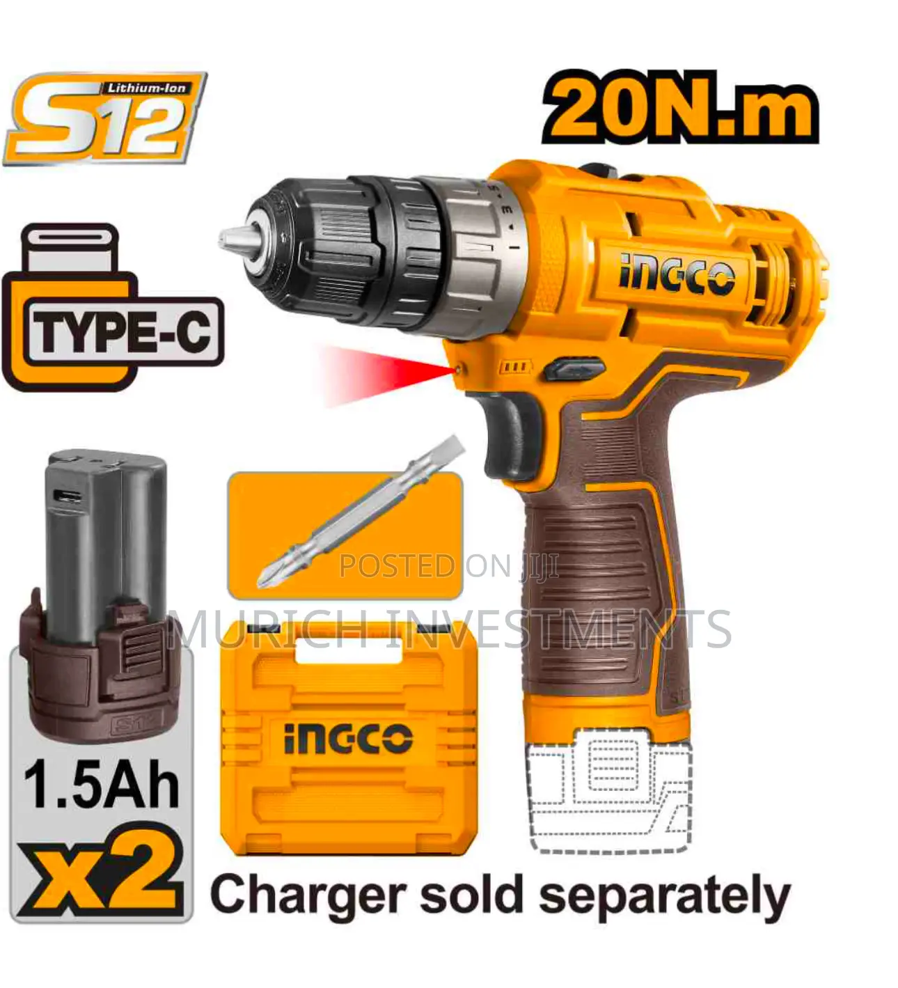 Ingco 12V Lithium-Ion Drill With 2 Pieces 1.5ah Battery