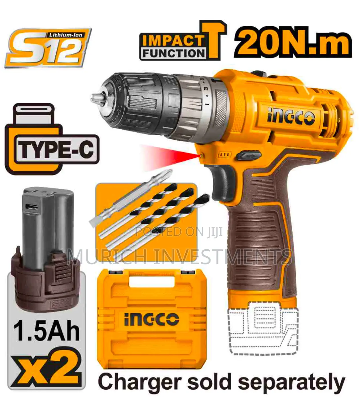 Ingco 12V Lithium-Ion Impact Drill With 2 Pieces Battery
