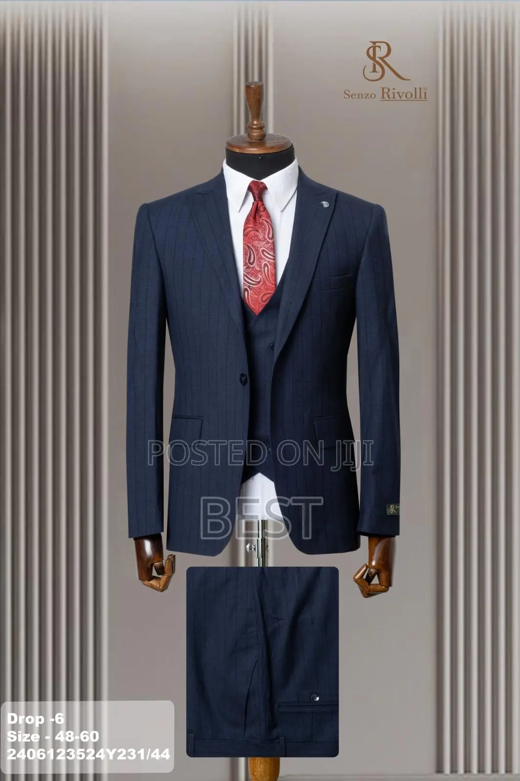Turkish 3pis Navy Blue Stripes Senzo Rivolli Suits