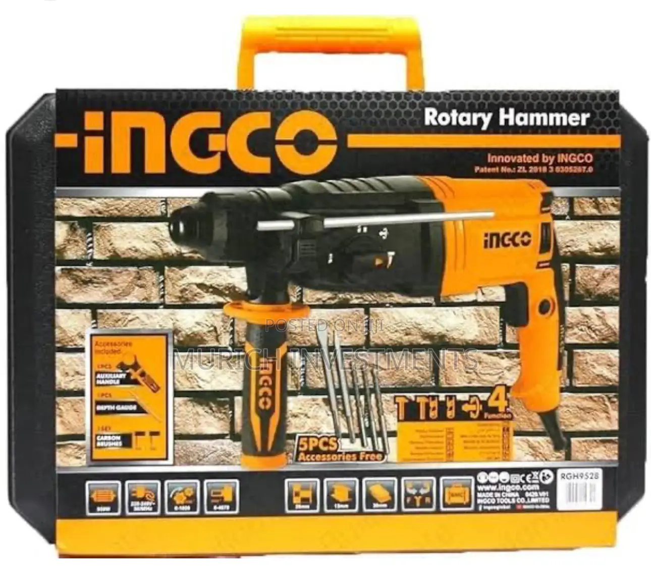 Ingco 950W 28mm Rotary Hammer Drill W/ 3 Drills 2 Chisel