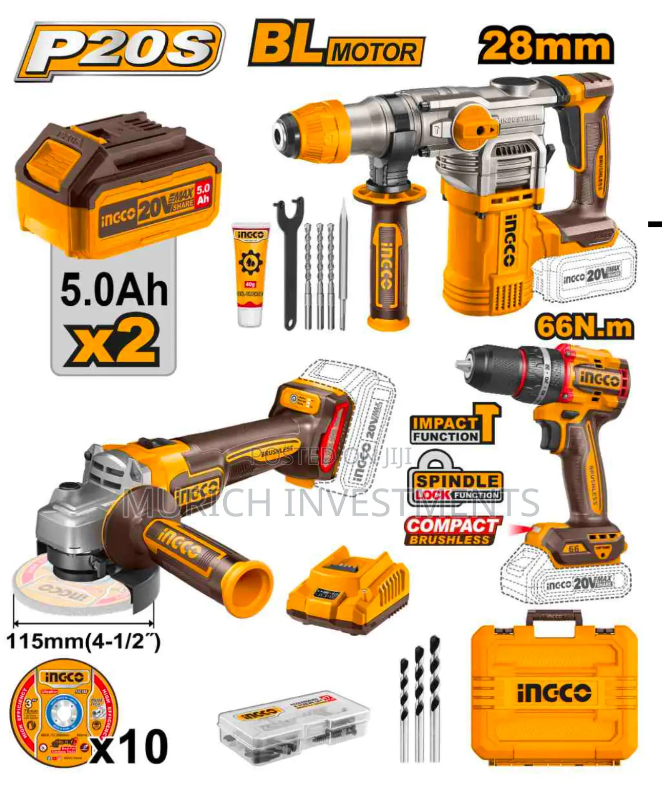 Ingco Cordless 3pcs Combo Kit Hammer,Drill and Angle Grinder