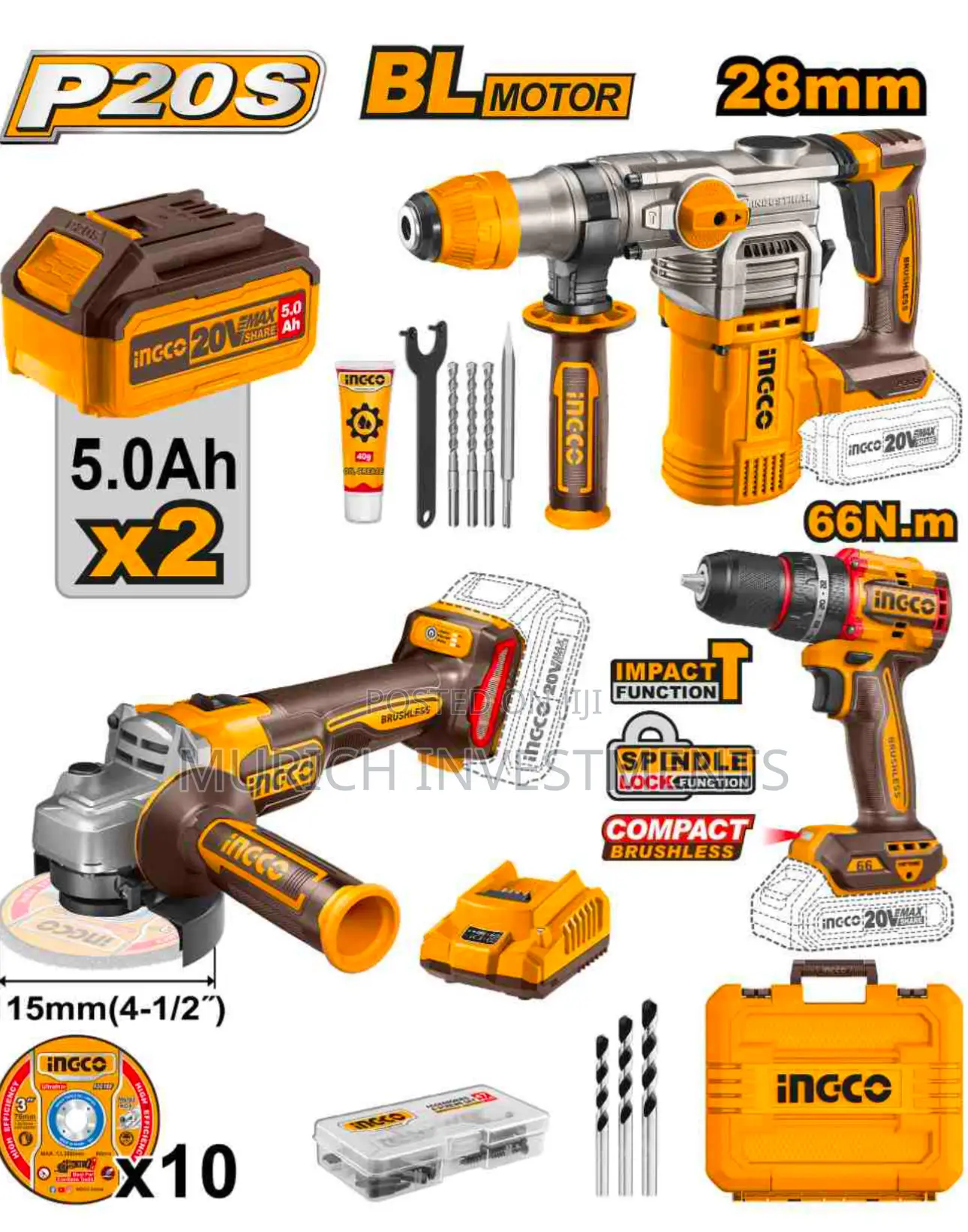 Ingco Cordless 3pcs Combo Kit Hammer,Drill and Angle Grinder