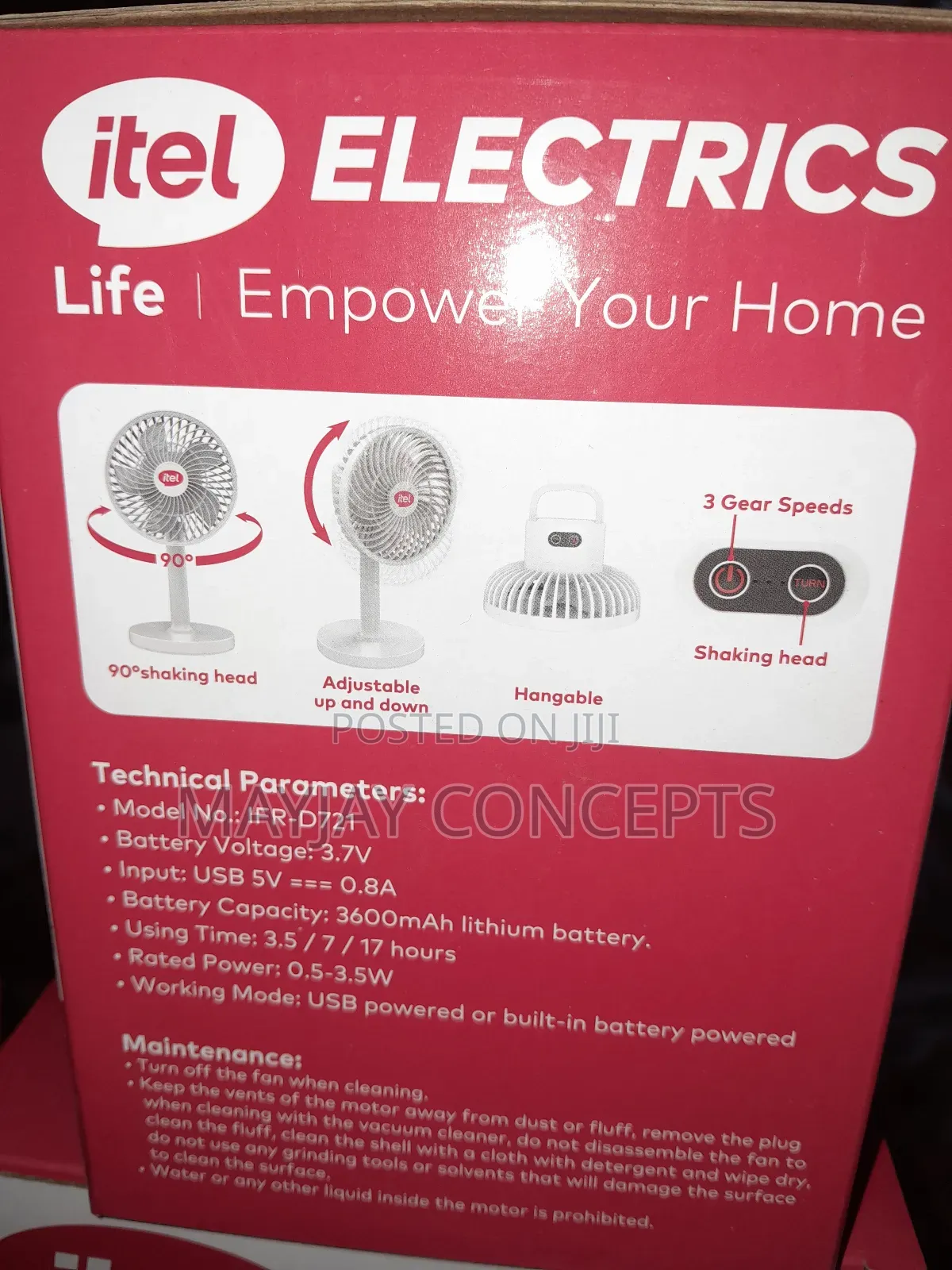 Itel 3600mah Rotatable Rechargeable Table/Wall Fan-Type C