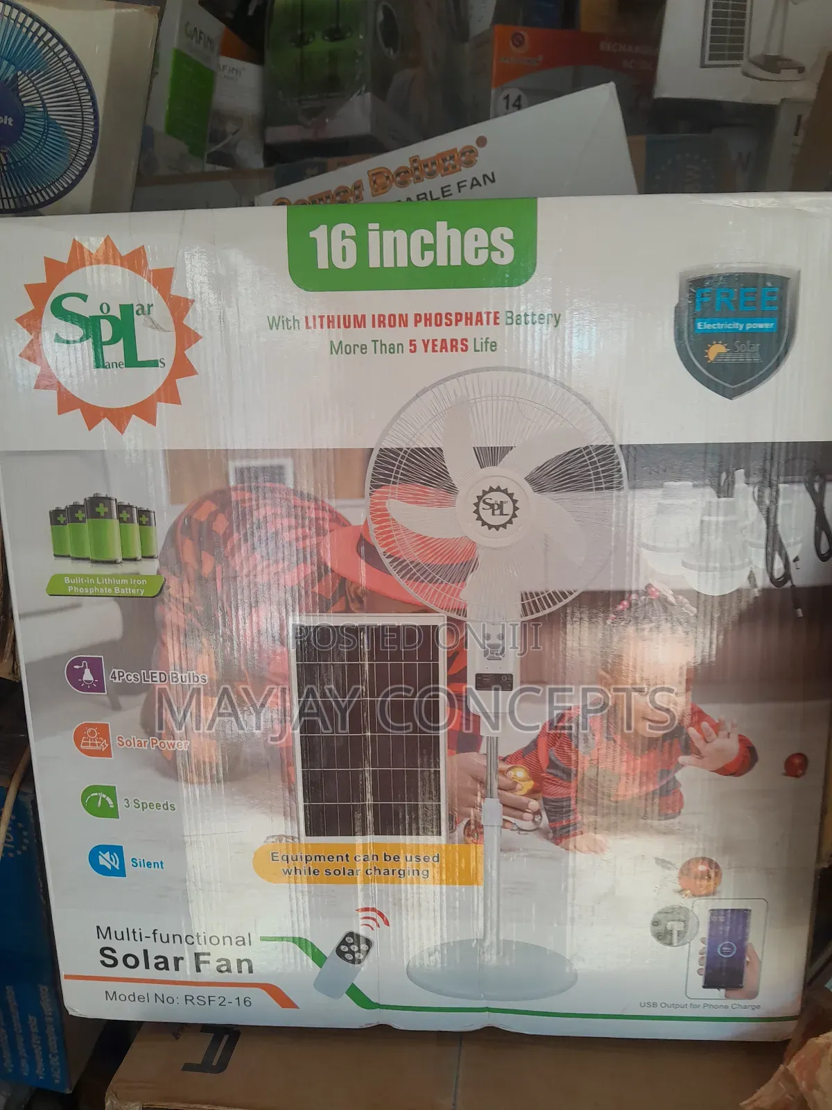 SPL 16" 3-in-1 Solar Rechargable Standing Fan+Panel+4-Bulbs