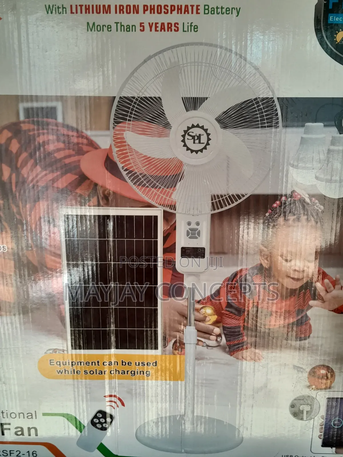 SPL 16" 3-in-1 Solar Rechargable Standing Fan+Panel+4-Bulbs