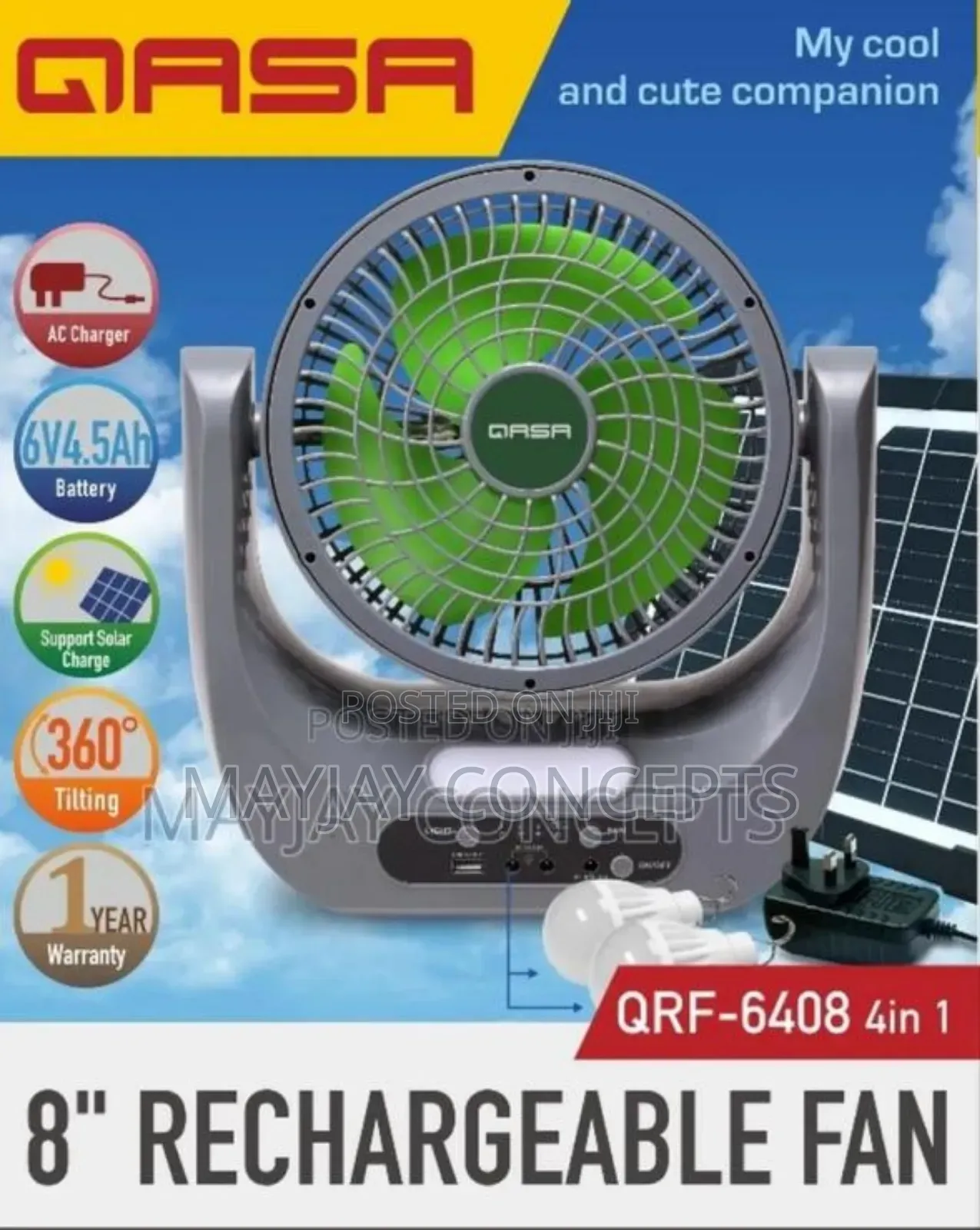 8" Qasa 4-in-1 Solar Rechargeable Table Fan+Panel+2-Bulbs