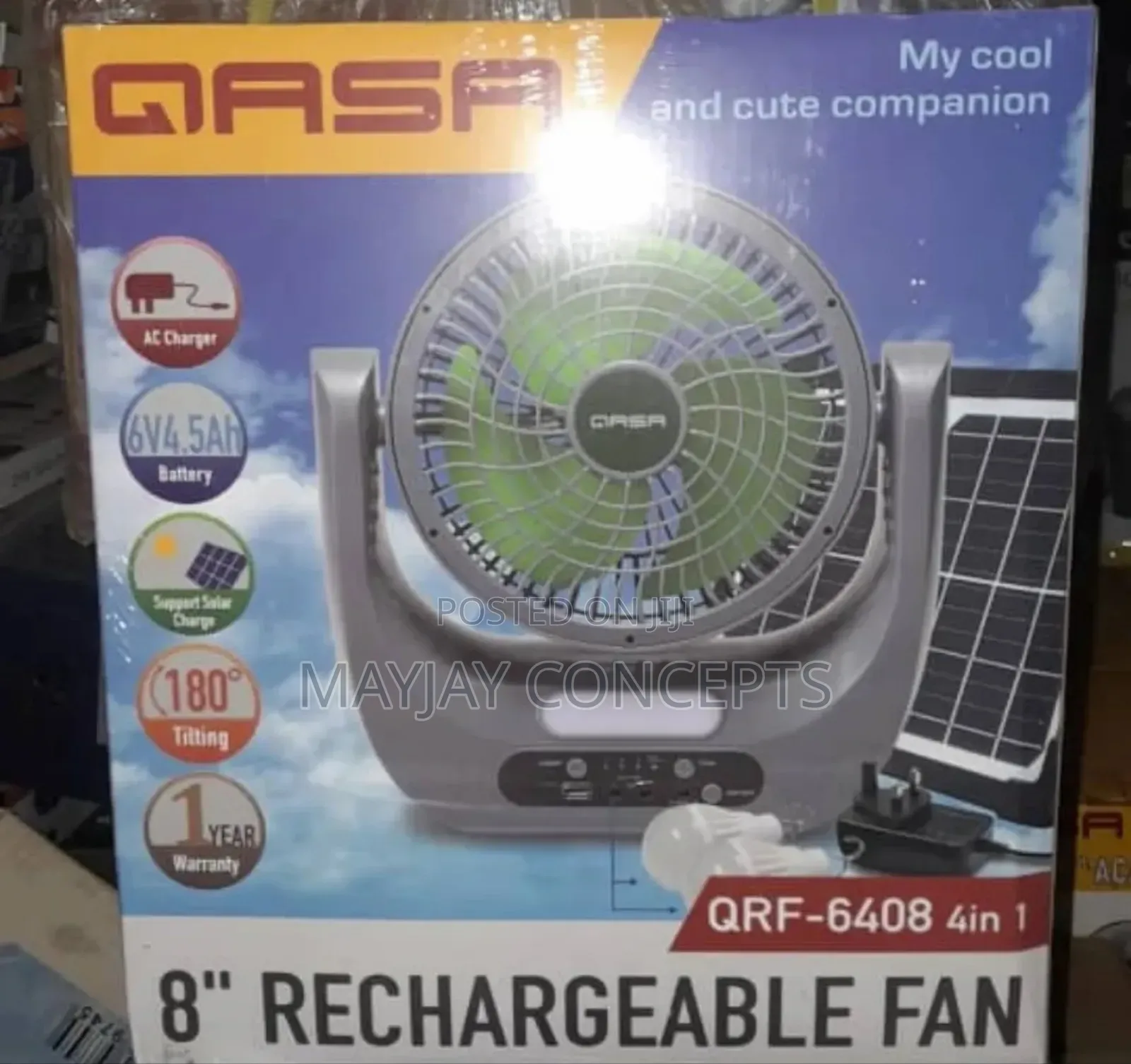 8" Qasa 4-in-1 Solar Rechargeable Table Fan+Panel+2-Bulbs