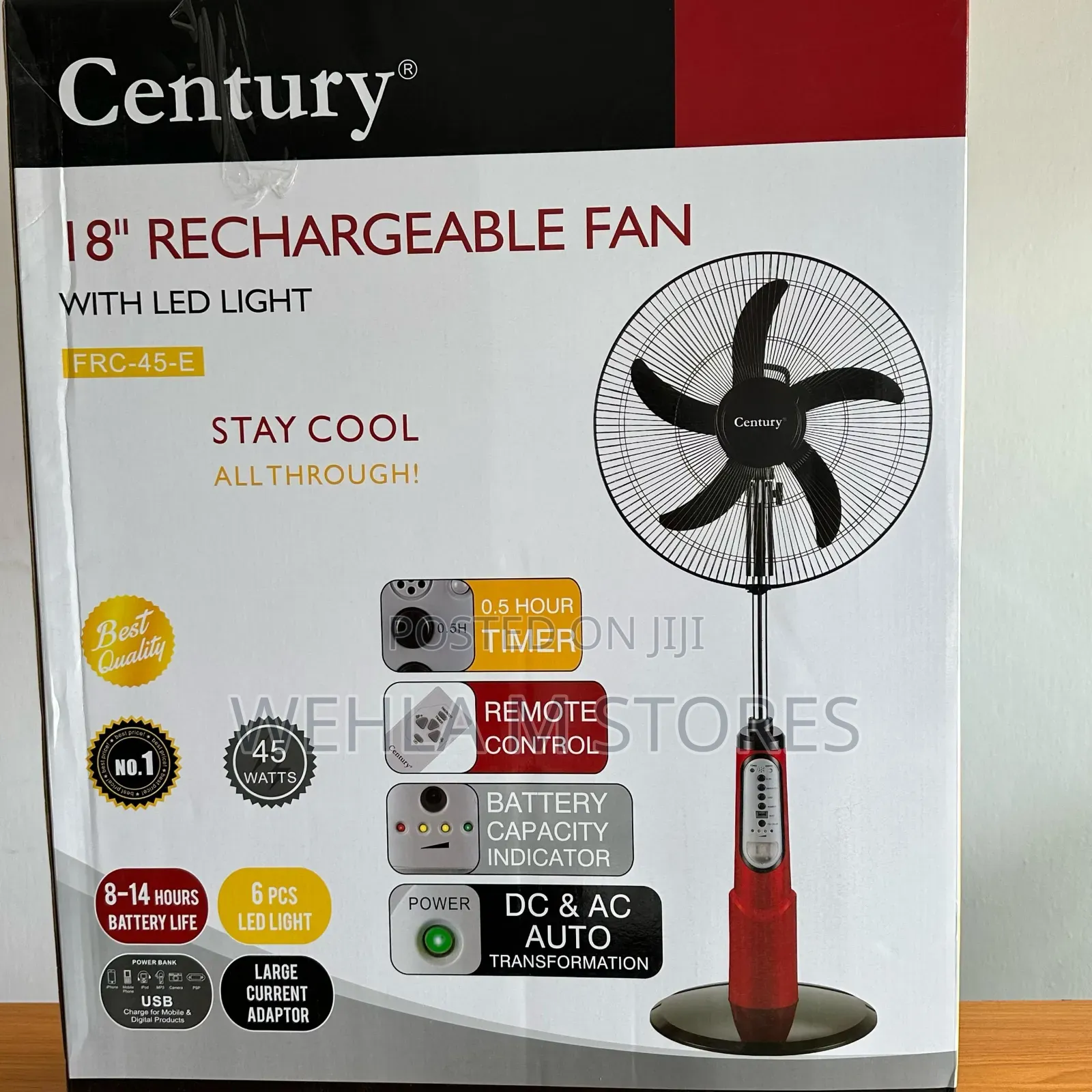 Century 18" Rechargeable Fan With Led Light - FRC-45-E
