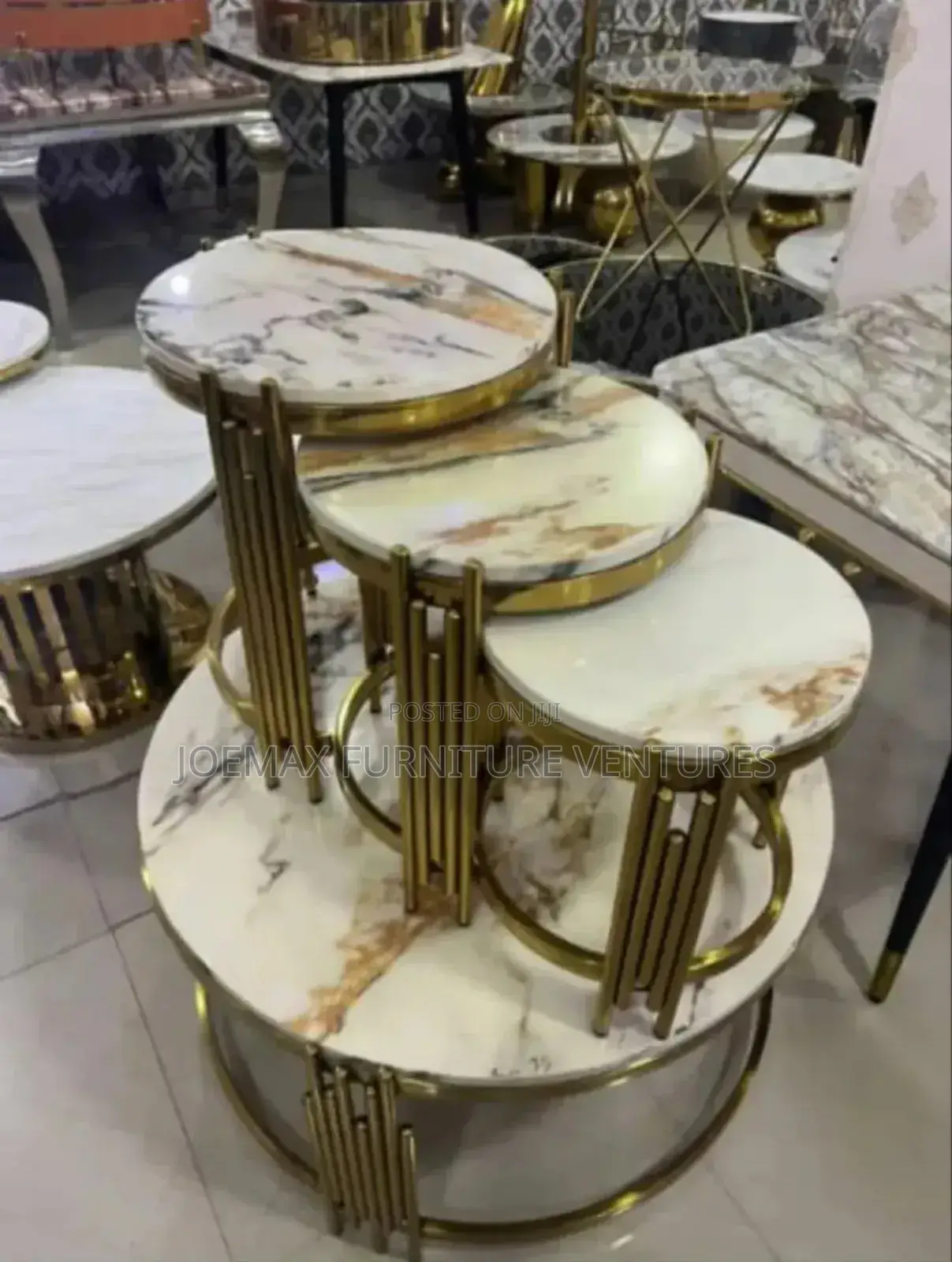 Marble Round Center Table With Three Stools.