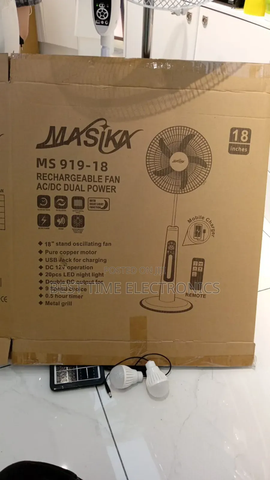 Masika 18" Solar Rechargeable Standing Fan With Bulbs