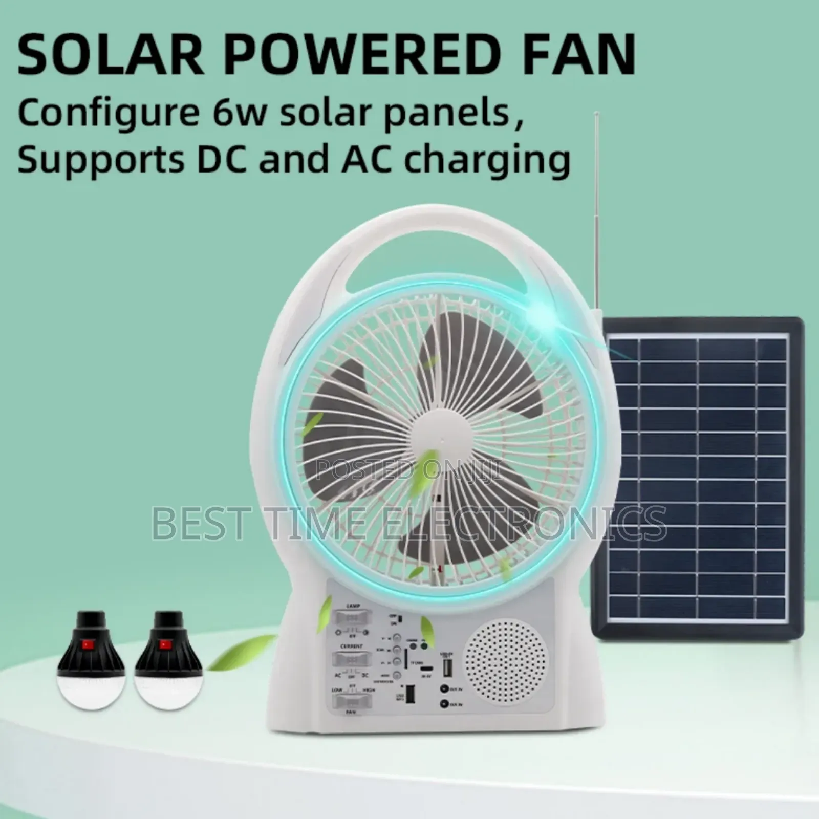 8" Gdtimes Solar Rechargeable Table Fan Radio/Bluetooth